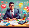 An illustrated scene of a professional tax preparer's office, showing a focused tax preparer surrounded by ten colorful bubble tips representing essential advice, with symbolic icons like calculators, charts, and books, in a modern, clean style.