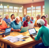 Digital artwork of a friendly, diverse group of people gathered around a large table, using laptops and documents to help each senior citizen and young adults prepare their taxes in a modern, well-lit community center.