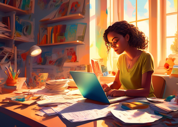 A detailed digital painting of a young woman sitting at a modern desk, surrounded by tax forms and a laptop, calculating her earnings with a concerned expression, in a cozy room filled with children's