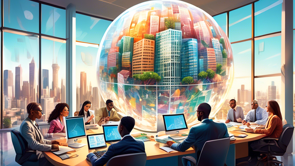 An intricately detailed digital painting of a diverse group of people, each representing different demographics, thoughtfully examining a giant transparent sphere filled with floating tax forms and calculator icons, situated in a modern, sleek office environment with large windows showing a sunny cityscape outside.