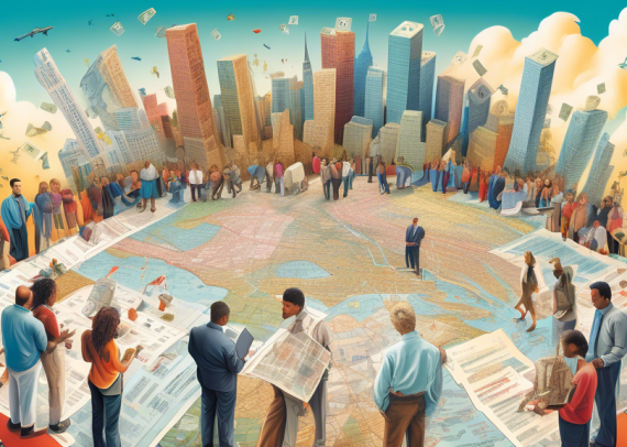 A visually engaging digital artwork illustrating a diverse group of people gathered around a large, intricate map of a financial landscape filled with tax forms, calculators, and symbolic landmarks representing different tax strategies and financial decisions, under a clear sky.