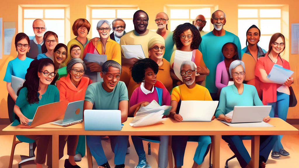 A digital artwork depicting a diverse group of people from different ethnic backgrounds, young and old, sitting together around a large table filled with laptops and documents, in a bright and friendly community center, learning how to use free tax preparation software assisted by friendly volunteers.