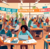 Panoramic view of a bustling community center with diverse groups of people of all ages engaging in a free tax preparation workshop, surrounded by banners and posters offering guidance and support, with volunteers assisting them amidst tables filled with laptops and tax forms, set in a warm, inviting atmosphere.