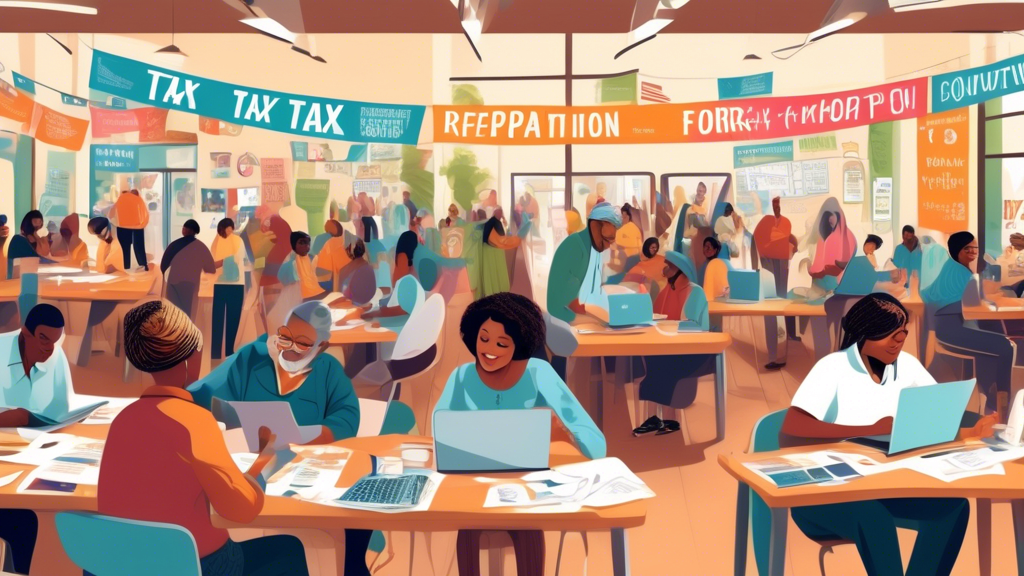 Panoramic view of a bustling community center with diverse groups of people of all ages engaging in a free tax preparation workshop, surrounded by banners and posters offering guidance and support, with volunteers assisting them amidst tables filled with laptops and tax forms, set in a warm, inviting atmosphere.
