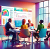 Digital artwork of a diverse group of people consulting with a professional tax advisor in a modern, bright office setting, with digital screens displaying complex tax forms and graphs.