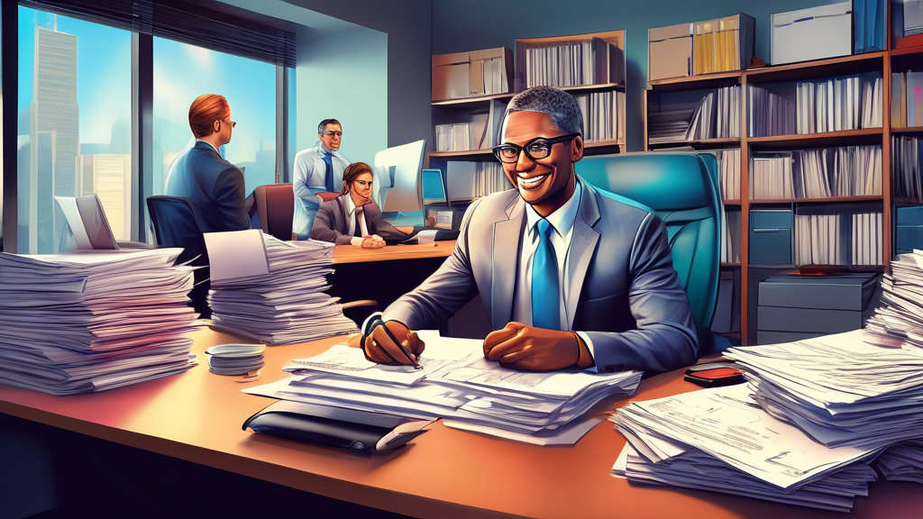 Detailed digital artwork of a friendly, professional tax consultant sitting in a modern office, surrounded by stacks of paperwork and a computer, interacting with a diverse group of clients, conveying a sense of trust and expertise.
