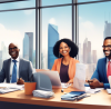 An illustration of a diverse group of professional tax advisors from different ethnicities, depicted in a modern office setting, each with digital devices and financial documents, helping clients who are visibly relaxed and smiling, with a soft focus cityscape in the background.