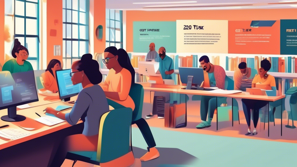 An illustration of a diverse group of people using computers in a public library setting for free tax filing, with an informative banner on the wall displaying '2023 Free Tax Filing: Get Started Here!'