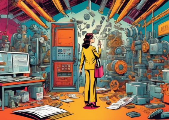 A conceptual image of a businesswoman surrounded by various assets like real estate, vehicles, factory machinery, and stocks. She is contemplating and holding a checklist, standing in the center of a