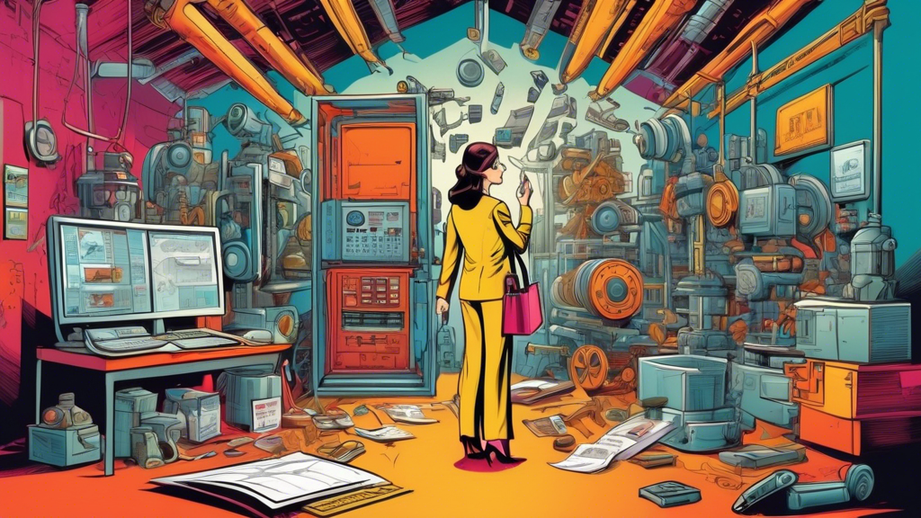 A conceptual image of a businesswoman surrounded by various assets like real estate, vehicles, factory machinery, and stocks. She is contemplating and holding a checklist, standing in the center of a
