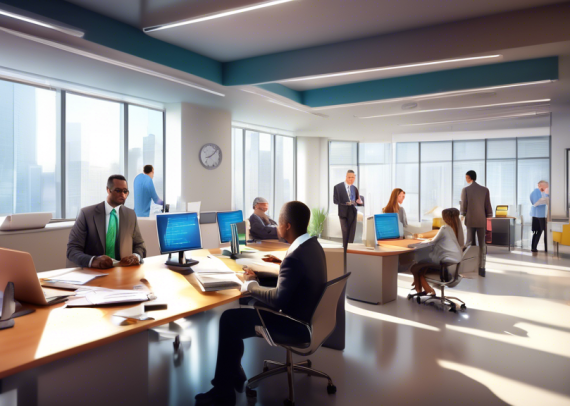 An inviting and professional office environment of a tax preparer with diverse clients discussing finances over documents and computers, showcasing trust, expertise, and personalized service in a modern workspace