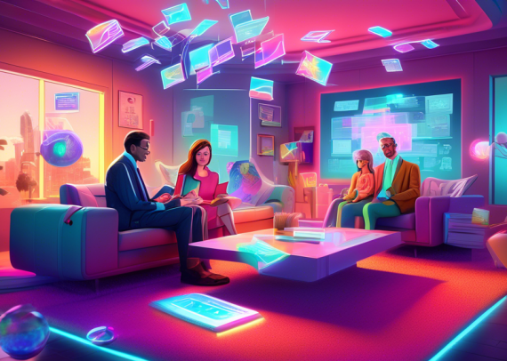 DALL-E prompt: Illustration of a whimsical, futuristic family meeting with a hologram lawyer, surrounded by floating digital documents containing colorful trust clauses, in a cozy, high-tech living ro