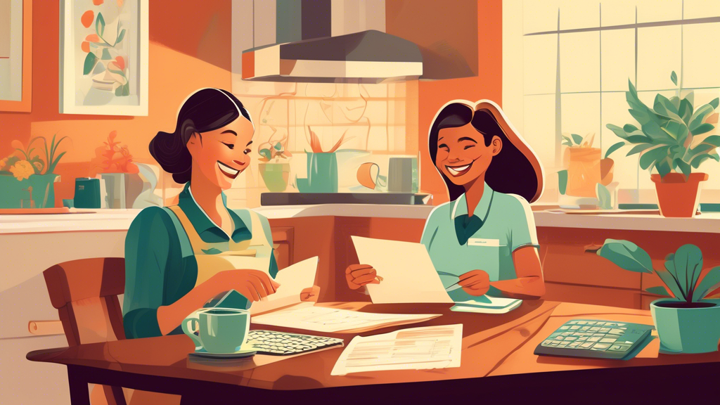 A cozy, detailed illustration of a smiling nanny and housekeeper sitting at a kitchen table, surrounded by tax forms and a calculator, with a cup of coffee and a potted plant in the background, in a w