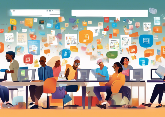 Digital artwork depicting a diverse collection of people of different ages and ethnicities happily using computers in a modern public library setting to file their taxes online, with visible icons of popular free tax software options floating around them, and a calendar marked 2023 on the wall.