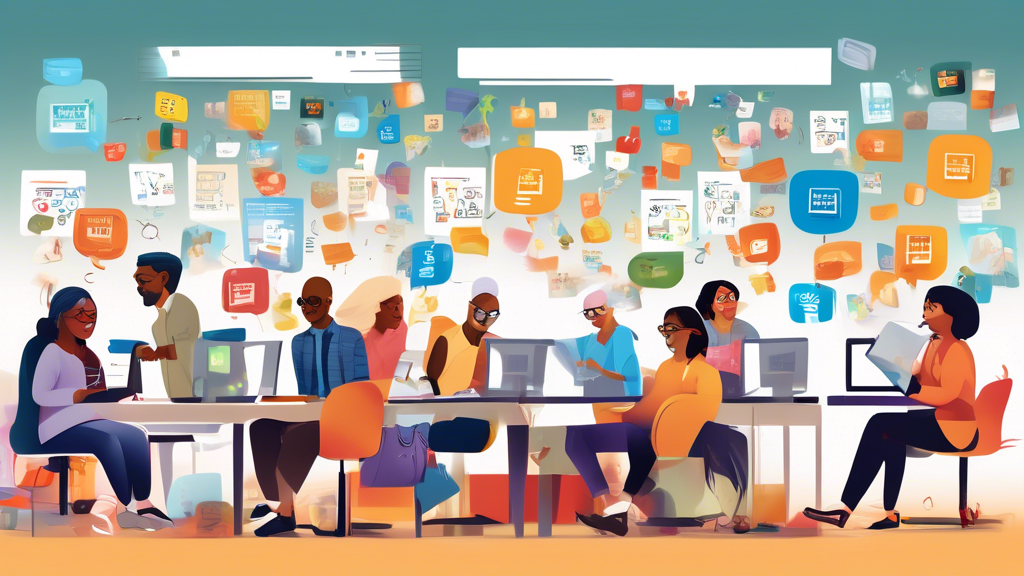 Digital artwork depicting a diverse collection of people of different ages and ethnicities happily using computers in a modern public library setting to file their taxes online, with visible icons of popular free tax software options floating around them, and a calendar marked 2023 on the wall.