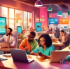Digital artwork of a diverse group of people using different devices (smartphones, tablets, laptops) in a modern, brightly lit café, each engaged in filing their taxes online, with visible logos of top tax filing services like TurboTax and H&R Block on their screens.