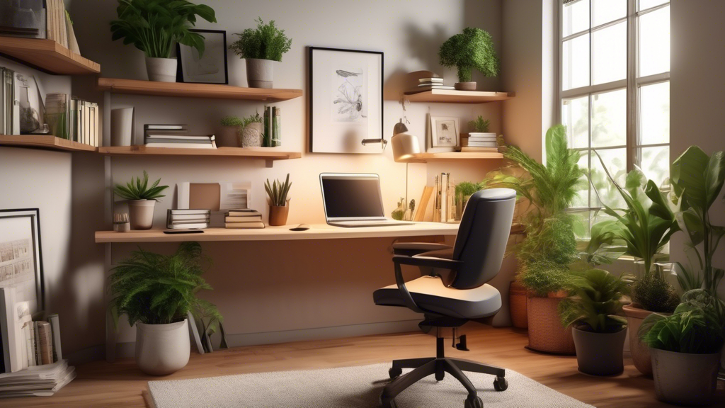 Create a cozy, well-organized home office with a stylish modern desk, a comfortable chair, indoor plants, a laptop, stacks of important documents, and a visible calculator. Through the window, show a