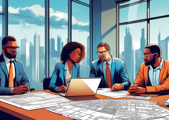 An intricate illustration of diverse people, including a real estate agent, a construction worker, and an architect, sitting around a large table piled with blueprints, documents, and a laptop, engage