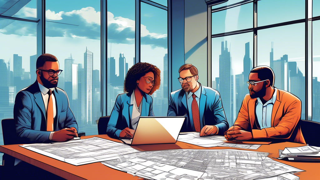 An intricate illustration of diverse people, including a real estate agent, a construction worker, and an architect, sitting around a large table piled with blueprints, documents, and a laptop, engage