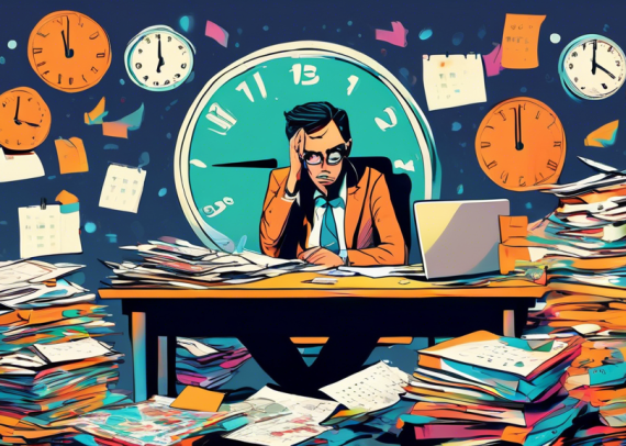 A stressed individual sitting at a cluttered desk, surrounded by stacks of paperwork and a digital calendar showing April 15th, under a large clock showing it's almost midnight.
