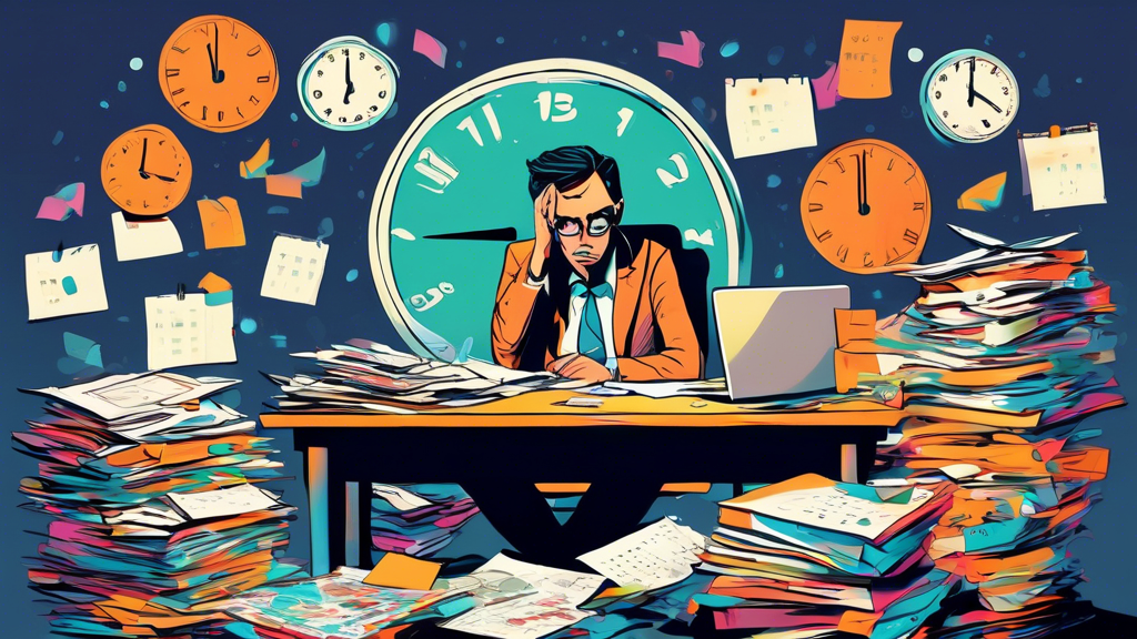 A stressed individual sitting at a cluttered desk, surrounded by stacks of paperwork and a digital calendar showing April 15th, under a large clock showing it's almost midnight.
