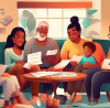 Digital illustration of a diverse family with members of different ages, including elderly and young children, sitting around a table filled with tax forms and a calculator, discussing their finances