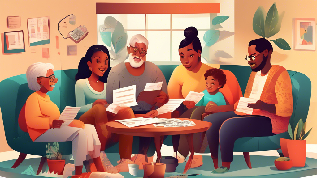 Digital illustration of a diverse family with members of different ages, including elderly and young children, sitting around a table filled with tax forms and a calculator, discussing their finances