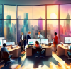 Create an image of a cozy office setting where a diverse group of tax professionals are engaged in a workshop, discussing documents and using laptops, surrounded by books on tax law and large monitors displaying complex financial charts, with a bright window in the background showing a city skyline.