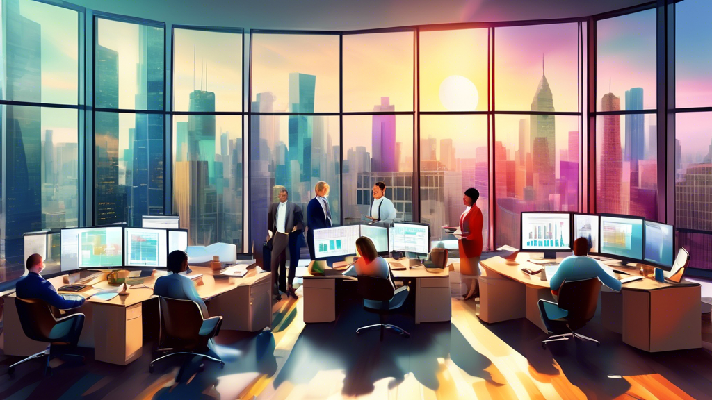 Create an image of a cozy office setting where a diverse group of tax professionals are engaged in a workshop, discussing documents and using laptops, surrounded by books on tax law and large monitors displaying complex financial charts, with a bright window in the background showing a city skyline.