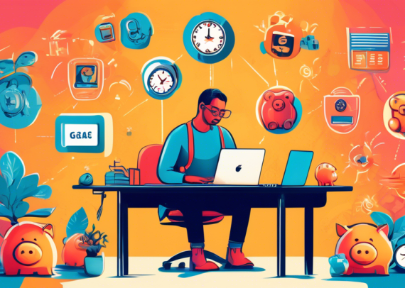 An artistic illustration of a gig economy worker sitting at a contemporary home desk, surrounded by four symbolic icons such as a piggy bank, a clock, a calendar, and a laptop, depicting different str