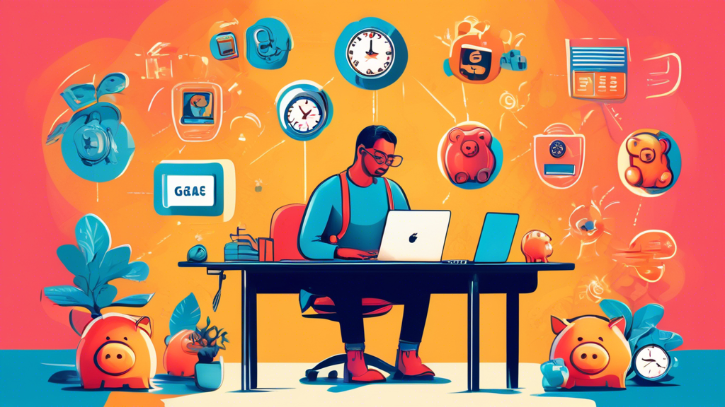 An artistic illustration of a gig economy worker sitting at a contemporary home desk, surrounded by four symbolic icons such as a piggy bank, a clock, a calendar, and a laptop, depicting different str