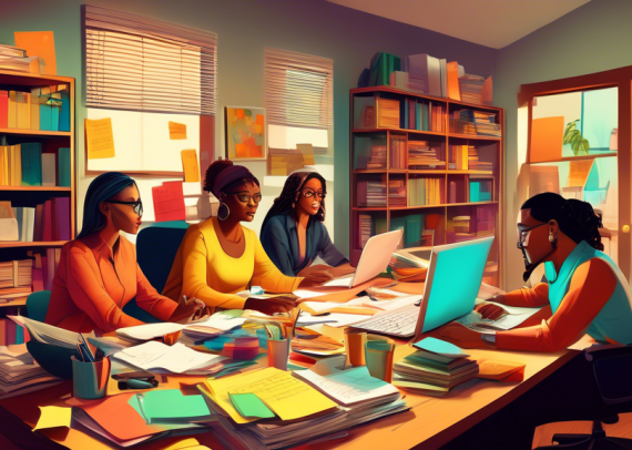 A digital artwork of a busy home office with a diverse group of five self-employed individuals brainstorming around a large wooden table, filled with laptops, calculators, financial documents, and sti