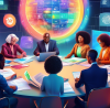 An intricate digital painting of a diverse group of people of different ages and ethnicities sitting around a large, round table filled with computers and documents, intensely discussing and comparing different tax filing services, with visible logos and user interfaces projected holographically above the table.