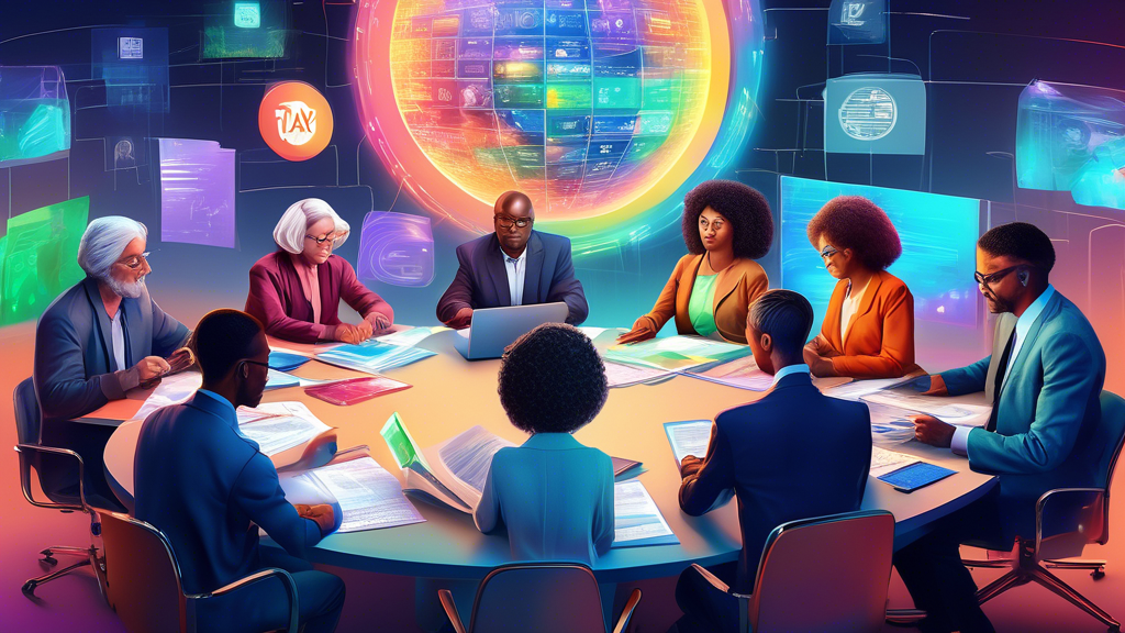 An intricate digital painting of a diverse group of people of different ages and ethnicities sitting around a large, round table filled with computers and documents, intensely discussing and comparing different tax filing services, with visible logos and user interfaces projected holographically above the table.