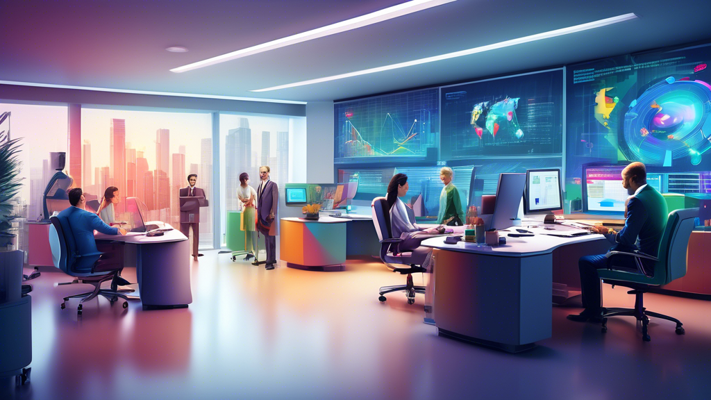 An artistically designed office of a professional tax service, showing a diverse team of experts consulting with clients, surrounded by digital screens displaying complex tax charts and friendly robots assisting in organizing documents.