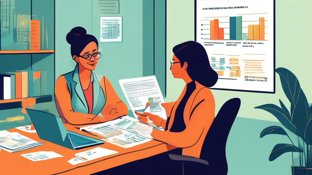 An illustrated office scene with an individual discussing taxes with a professional tax consultant. The consultant, a middle-aged South Asian woman, is equipped with financial documents and a laptop, sitting in a modern, well-lit office. Visual aids highlighting important tax tips are visible in the background, emphasizing a friendly and informative atmosphere.