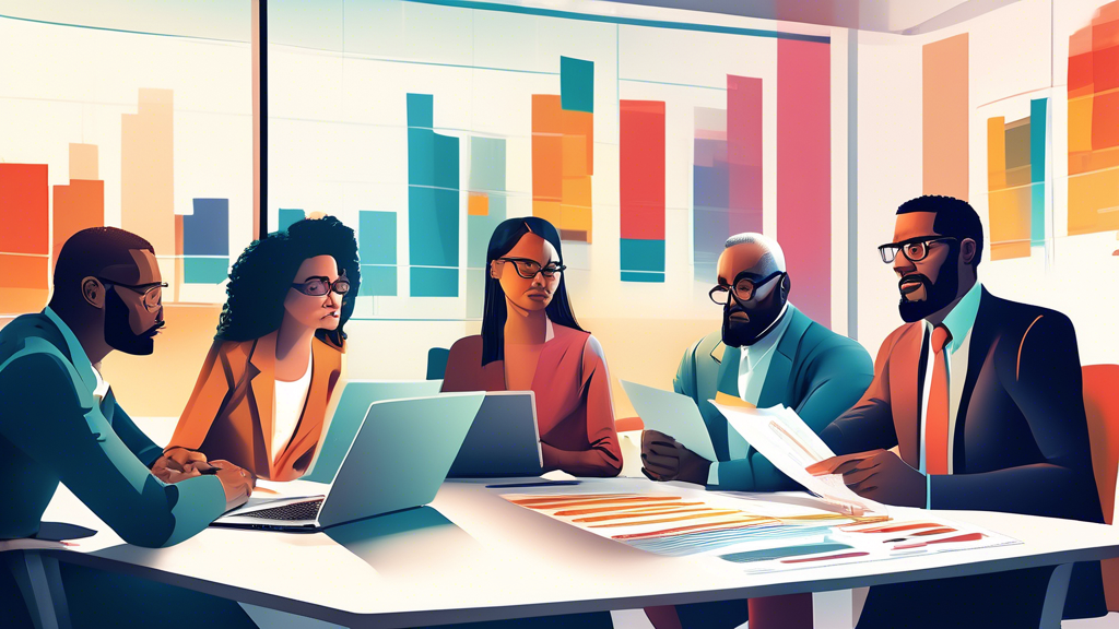 An illustration of a diverse group of people sitting around a large conference table, each with financial documents in front of them, consulting with a professional tax advisor who is using a laptop to show graphs and information, in a bright and modern office environment.