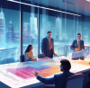 A digital artwork of a sophisticated office environment with a diverse group of investors reviewing architectural blueprints and financial documents on a large desk, with a transparent holographic dis