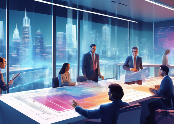 A digital artwork of a sophisticated office environment with a diverse group of investors reviewing architectural blueprints and financial documents on a large desk, with a transparent holographic dis