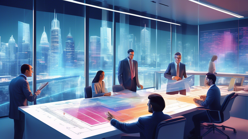 A digital artwork of a sophisticated office environment with a diverse group of investors reviewing architectural blueprints and financial documents on a large desk, with a transparent holographic dis