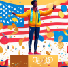 A digital artwork showing an Olympic medalist standing on the podium, holding a large gold medal, surrounded by flags, confetti in the air, with a tax form and a calculator subtly integrated into the