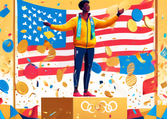 A digital artwork showing an Olympic medalist standing on the podium, holding a large gold medal, surrounded by flags, confetti in the air, with a tax form and a calculator subtly integrated into the