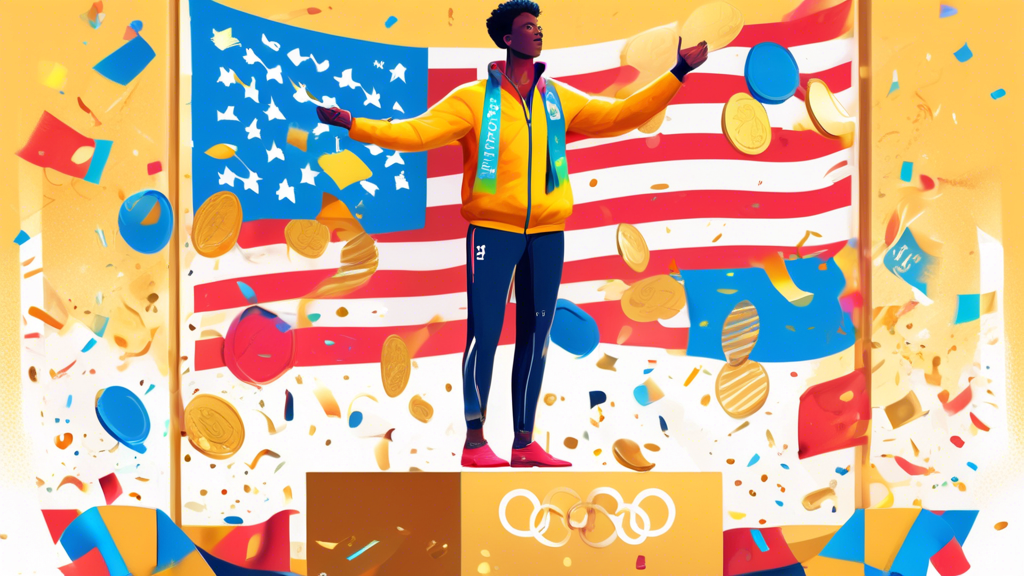 A digital artwork showing an Olympic medalist standing on the podium, holding a large gold medal, surrounded by flags, confetti in the air, with a tax form and a calculator subtly integrated into the