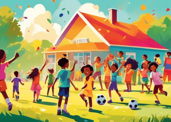 Colorful summer day camp scene with diverse children engaged in outdoor activities like painting, playing soccer, and reading under sunny skies, with parents waving goodbye in the background, symboliz