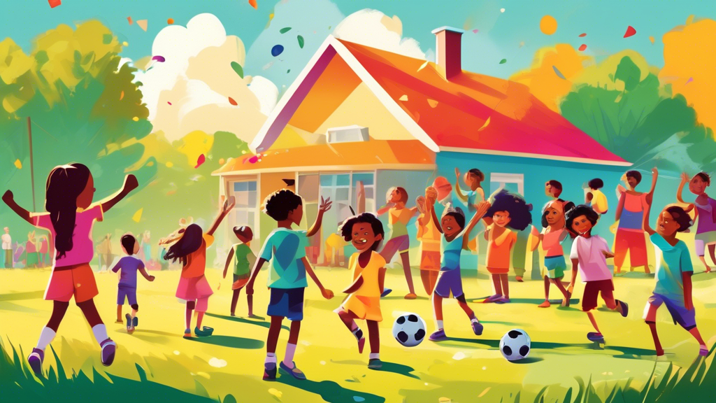 Colorful summer day camp scene with diverse children engaged in outdoor activities like painting, playing soccer, and reading under sunny skies, with parents waving goodbye in the background, symboliz