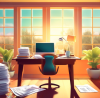 A digital illustration of a cozy home office with a person using a laptop, surrounded by organized stacks of documents and tax forms, a calculator, and a cup of coffee on the desk, while a window shows a sunny spring day outside.