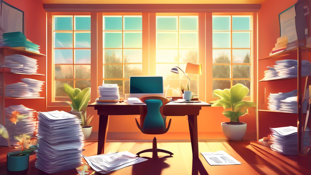 A digital illustration of a cozy home office with a person using a laptop, surrounded by organized stacks of documents and tax forms, a calculator, and a cup of coffee on the desk, while a window shows a sunny spring day outside.