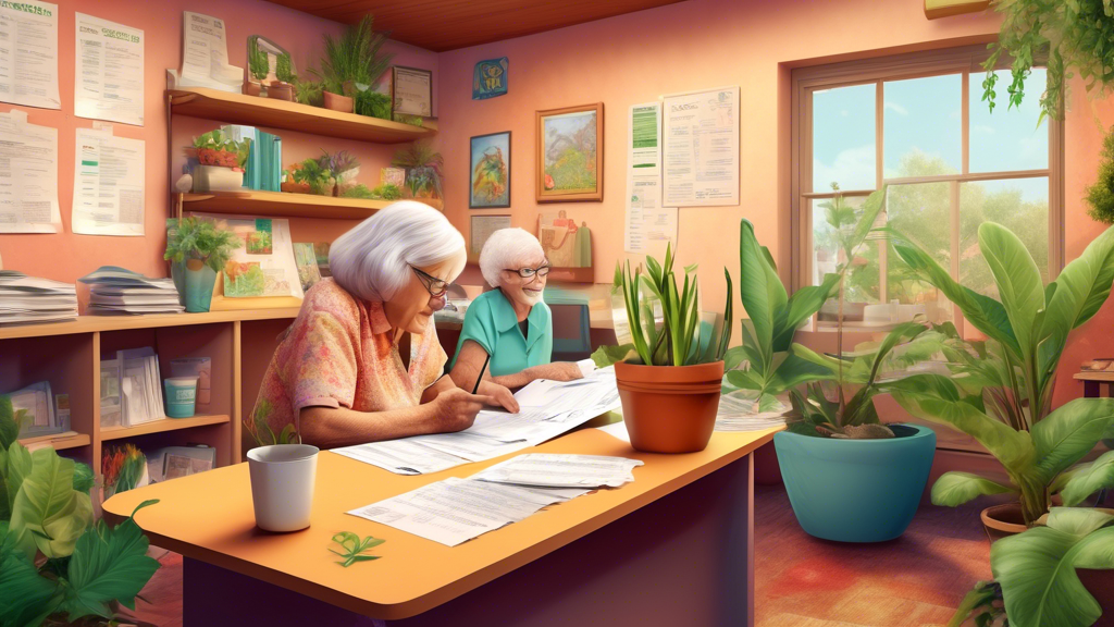 A cozy community center with a friendly volunteer helping an elderly woman fill out tax forms, surrounded by plants and posters explaining tax benefits.