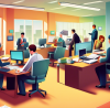 Digital illustration of a busy accountant's office during tax season, with diverse clients of different backgrounds consulting on tax forms, laptops open with tax software on screens, and a visible sign that reads 'Reliable Tax Filing Services'.