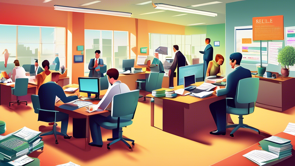 Digital illustration of a busy accountant's office during tax season, with diverse clients of different backgrounds consulting on tax forms, laptops open with tax software on screens, and a visible sign that reads 'Reliable Tax Filing Services'.